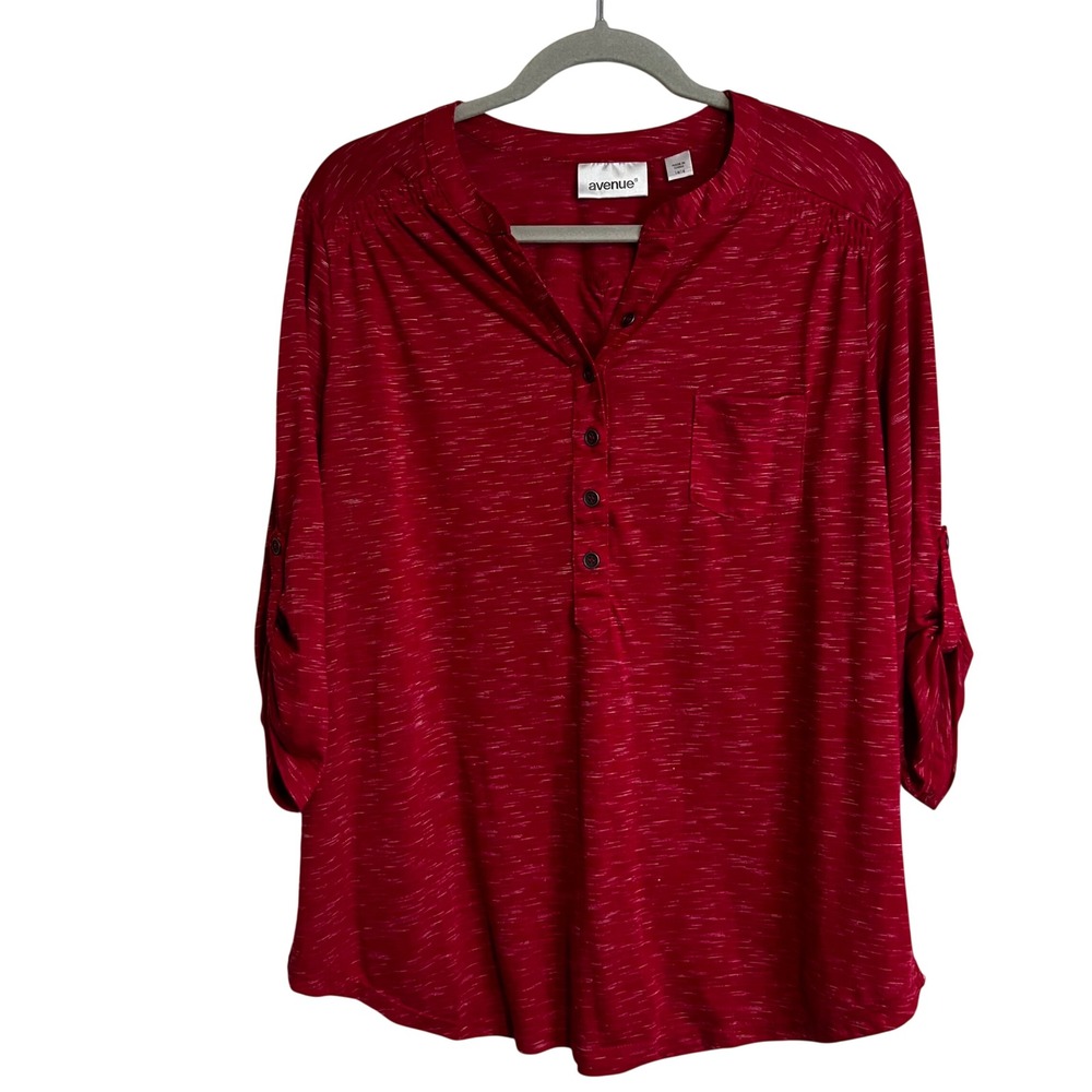 Avenue Red Slub Knit Henley Roll Tab Sleeve Top Size 14/16 Pocket Space Dye